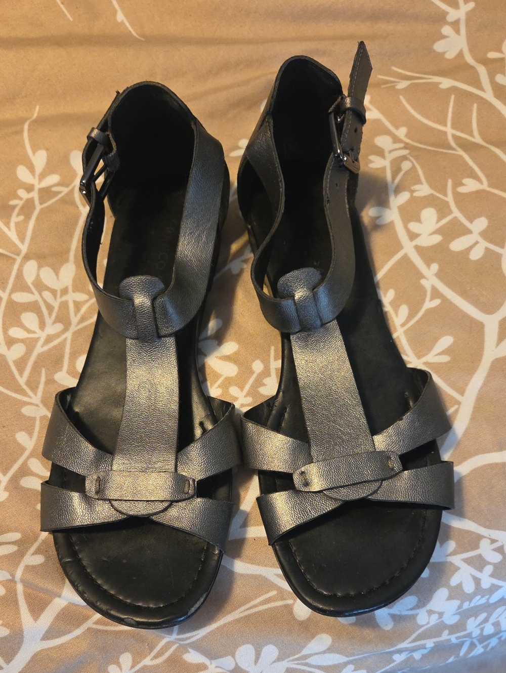 Franco Sarto Metallic Gray T-Strap Sandals with Ankle Buckle